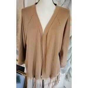 Women Cardigan Sweater Size Large Brown Fringe Boho 3/4 Sleeve